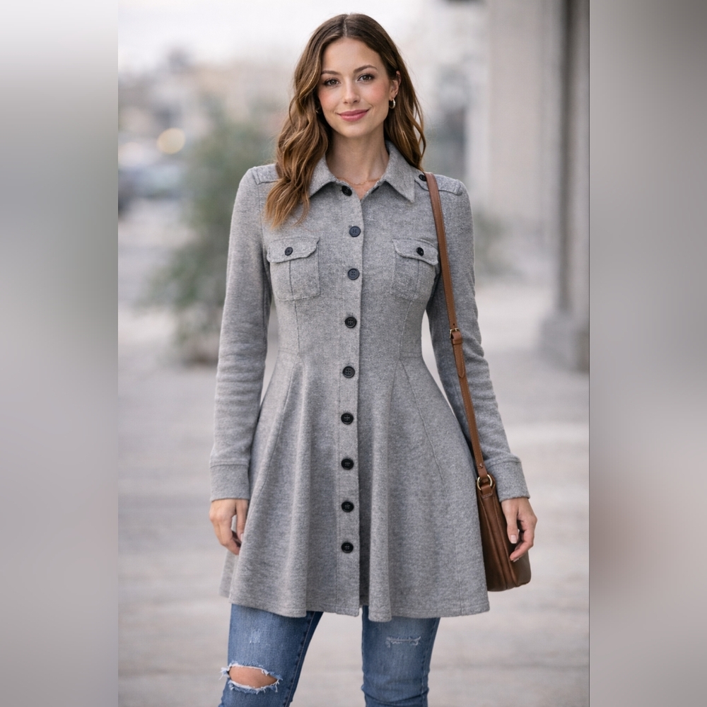 Free People Gray Military Button Front Fit & Flare Sweater Dress Jacket Sz S - Picture 1 of 16